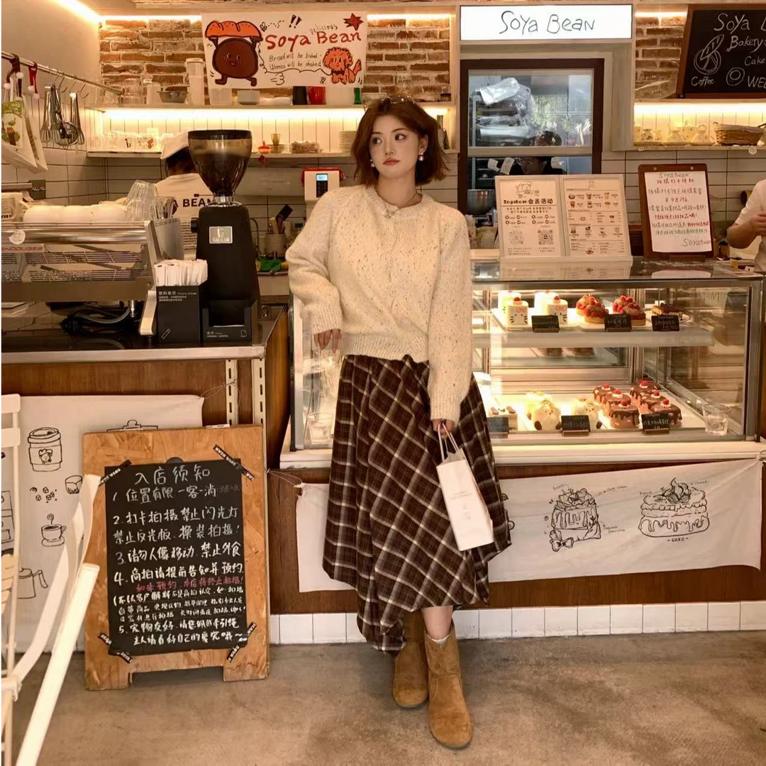 韩代格子不规则半身裙裙配腰带秋冬高腰显瘦百搭中长款A字大摆裙