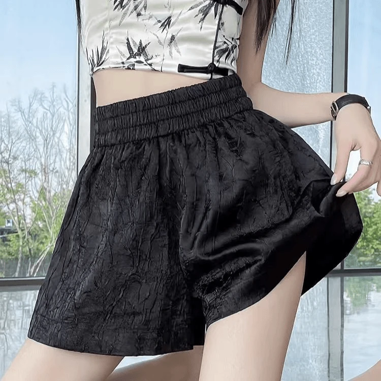 短裤-财阀公主-新中式国风肌理感褶皱压花时尚休闲百搭高腰显瘦