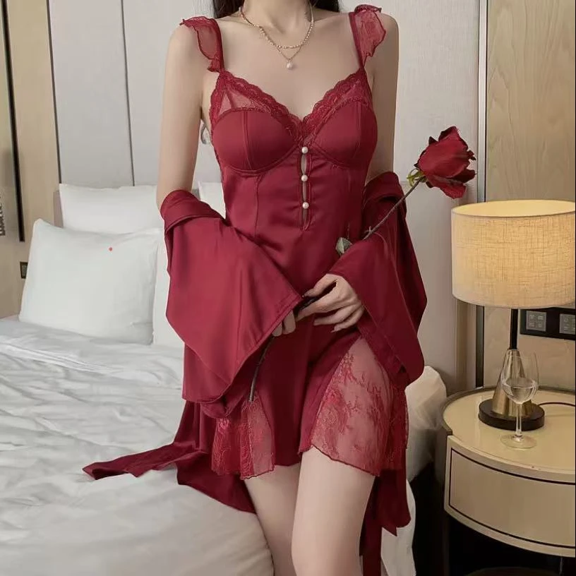 月下余温新款缎面加胸垫内衣大码深V露背蕾丝睡裙外袍家居服女