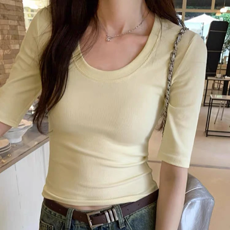 基础款u领半袖T恤女夏季新款螺纹修身显瘦针织衫正肩别致内搭上衣