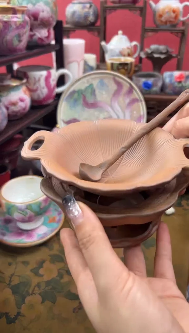 【闪购商品】粗陶温茶器花口蝶套装+勺