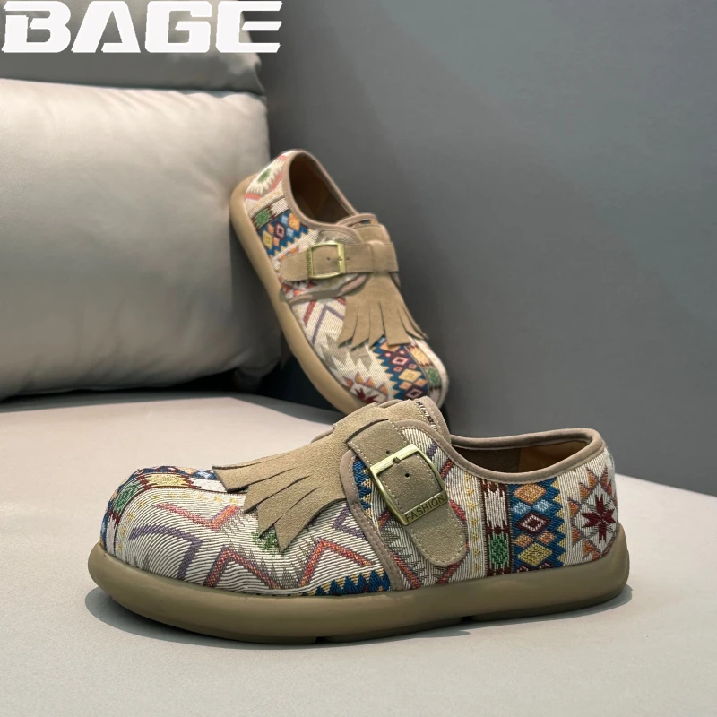 八哥复古丑萌大头勃肯男鞋夏季透气花布中国风流苏卡扣一脚蹬潮鞋