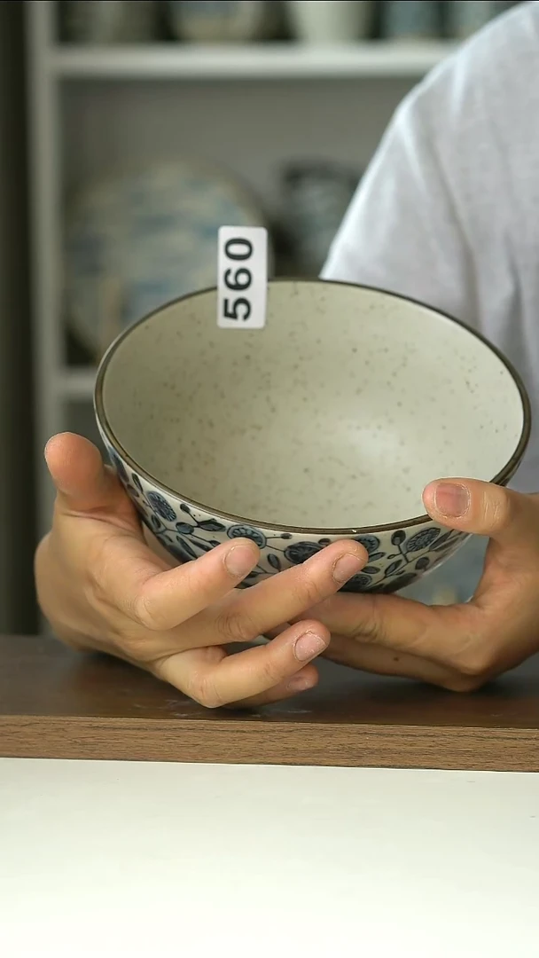 560微瑕青花金盏花16cm面汤碗@4-2@