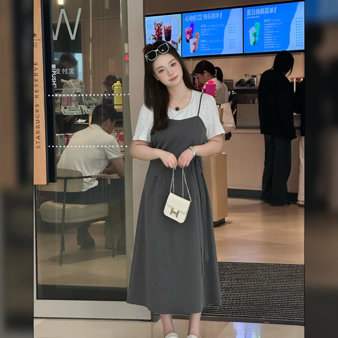 楠序微胖 小众女装夏季气质收腰显瘦假两件法式v领连衣裙 NX13317