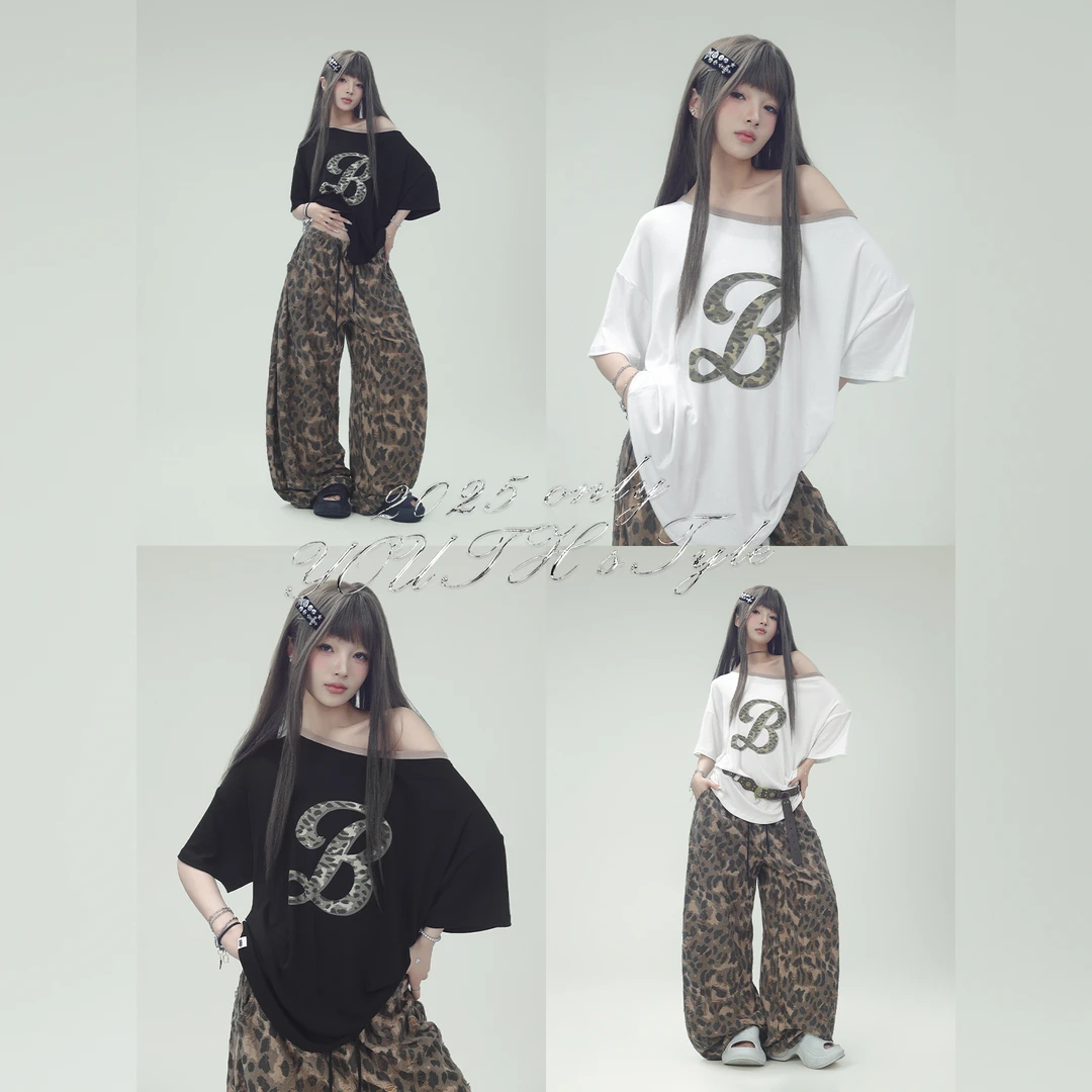 CBXLAB街舞潮牌新款豹纹斜肩印花罩衫遮肉显瘦爵士跳舞罩衫kpop