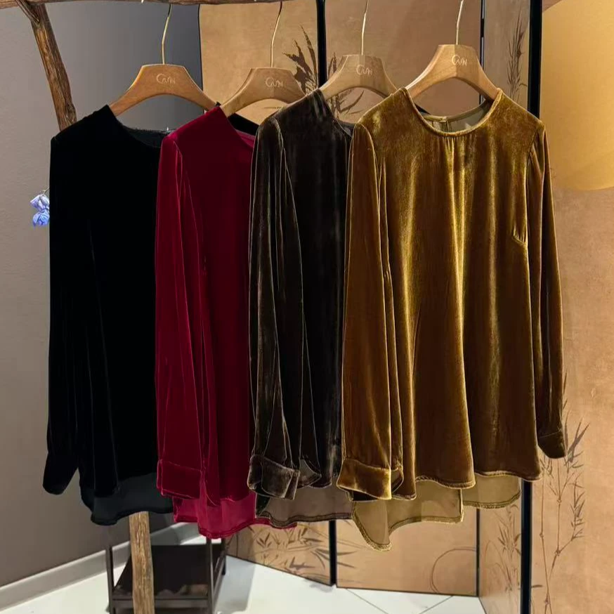 QNH-桑蚕丝真丝丝绒圆领长衫（勾人衫）