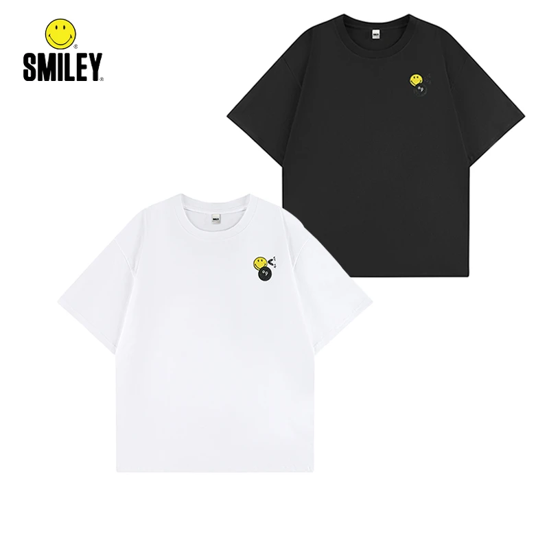 SMILEY重磅纯棉潮牌刺绣短袖夏季肩袖上衣美式宽松新款T恤
