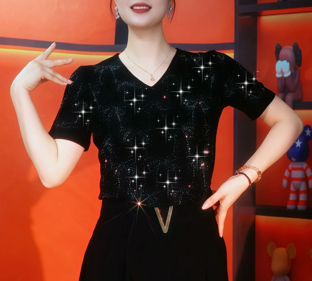 (蝴蝶结-V领短袖)洋气百搭气质时尚宽松舒适保暖黑色打底衫