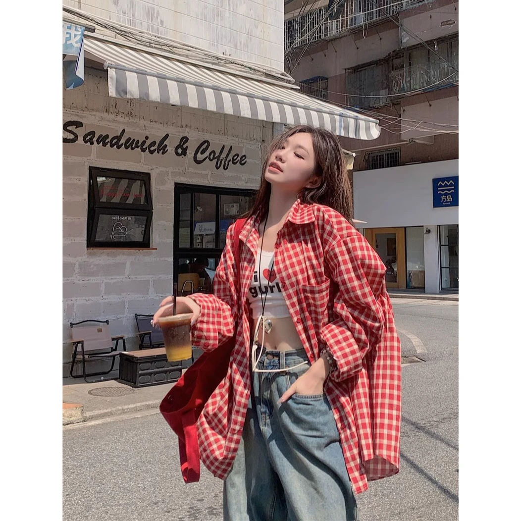 港风红色格子衬衫外套女春秋宽松大码显瘦百搭男友风开衫长袖上衣