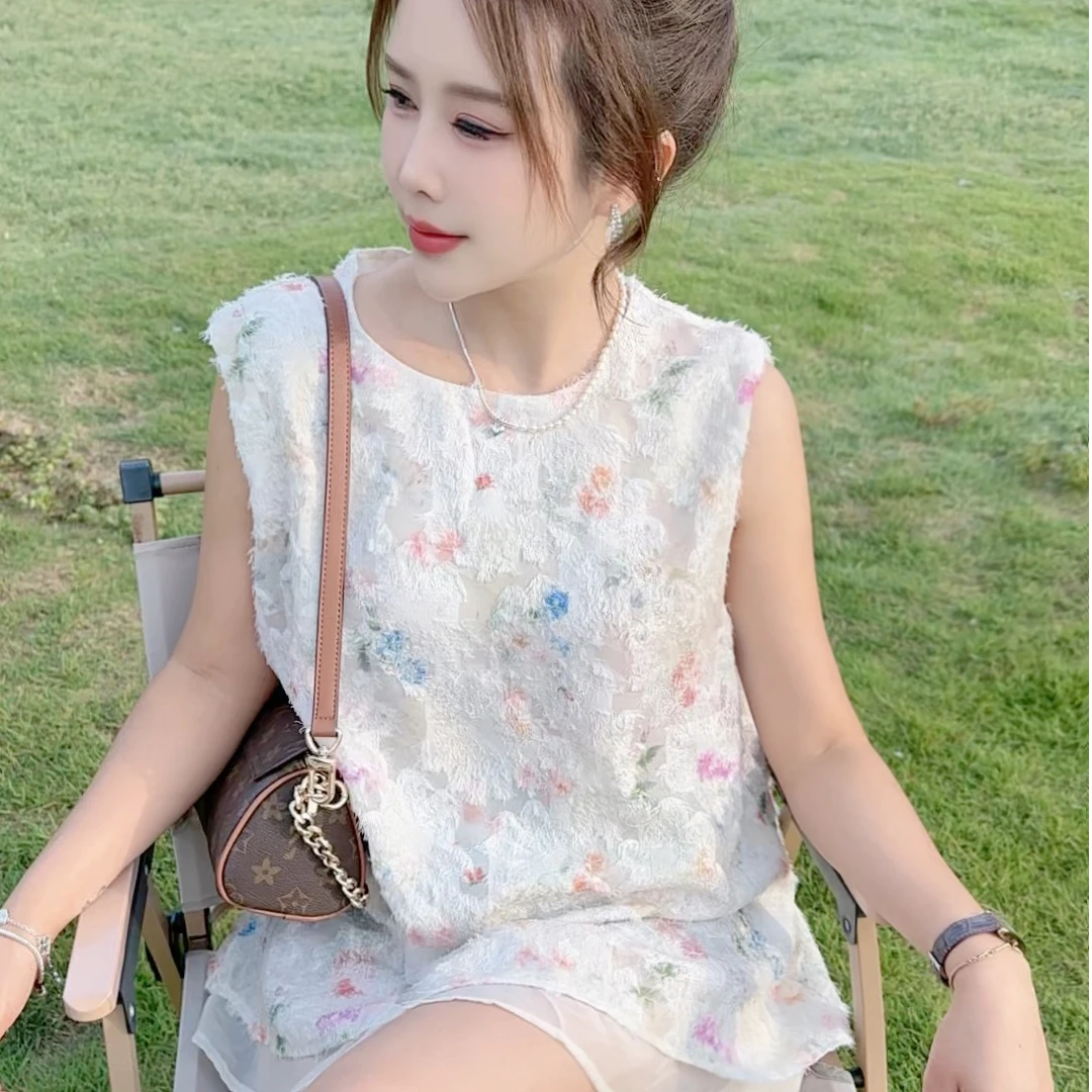 恰逢景梅子自留款夏季新款薄款时尚宽松圆领无袖双层碎花背心女