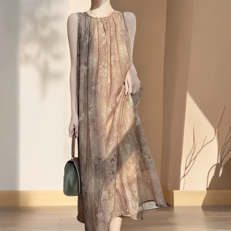 夏季轻奢显瘦长裙仙女条时尚气质圆领无袖挂脖长款法式复古连衣裙