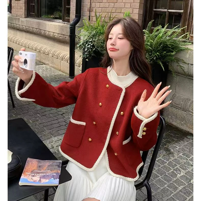 小个子秋季圆领厚款短款开衫毛呢气质外套小香风针织名媛洋气外搭