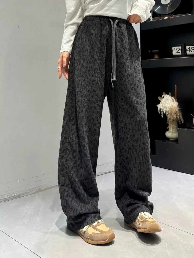 慵懒风休闲风秋季豹纹高腰休闲裤加绒牛仔裤拖地长裤