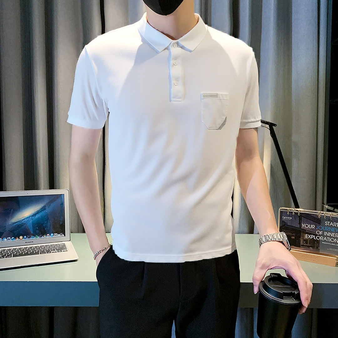 夏季男士时尚休闲短袖polo衫胸前有口袋青年翻领半袖T恤男装上衣