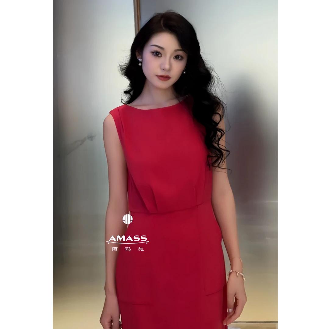 AMASS/阿玛施夏季新款时尚通勤优雅无袖收腰中长款连衣裙5500508