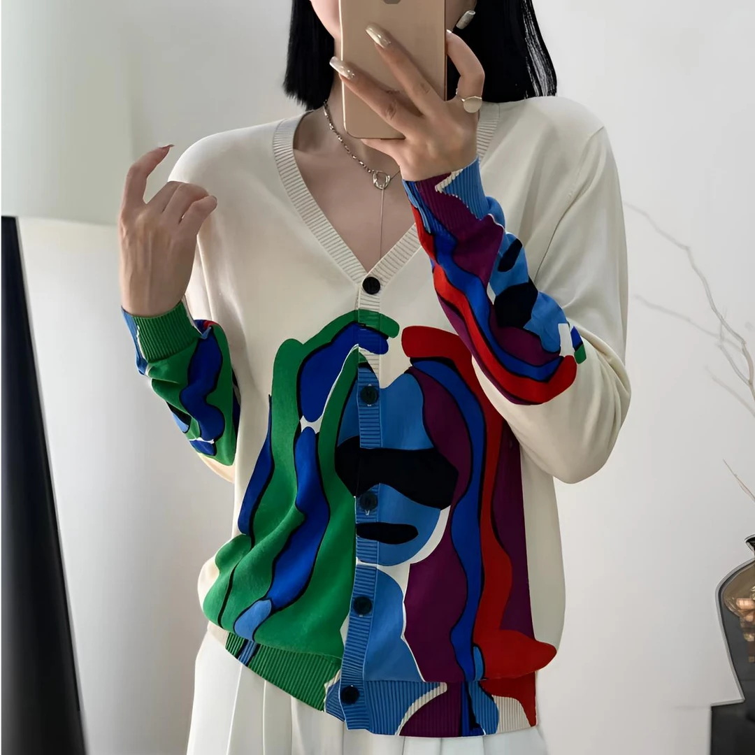 时尚印花针织开衫莫代尔棉休闲长袖百搭春季撞色设计感减龄上衣