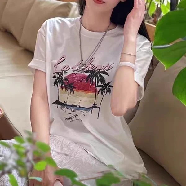 2025夏季柠檬海盐穿搭独特设计海岛印花休闲时尚减龄白色短袖T恤