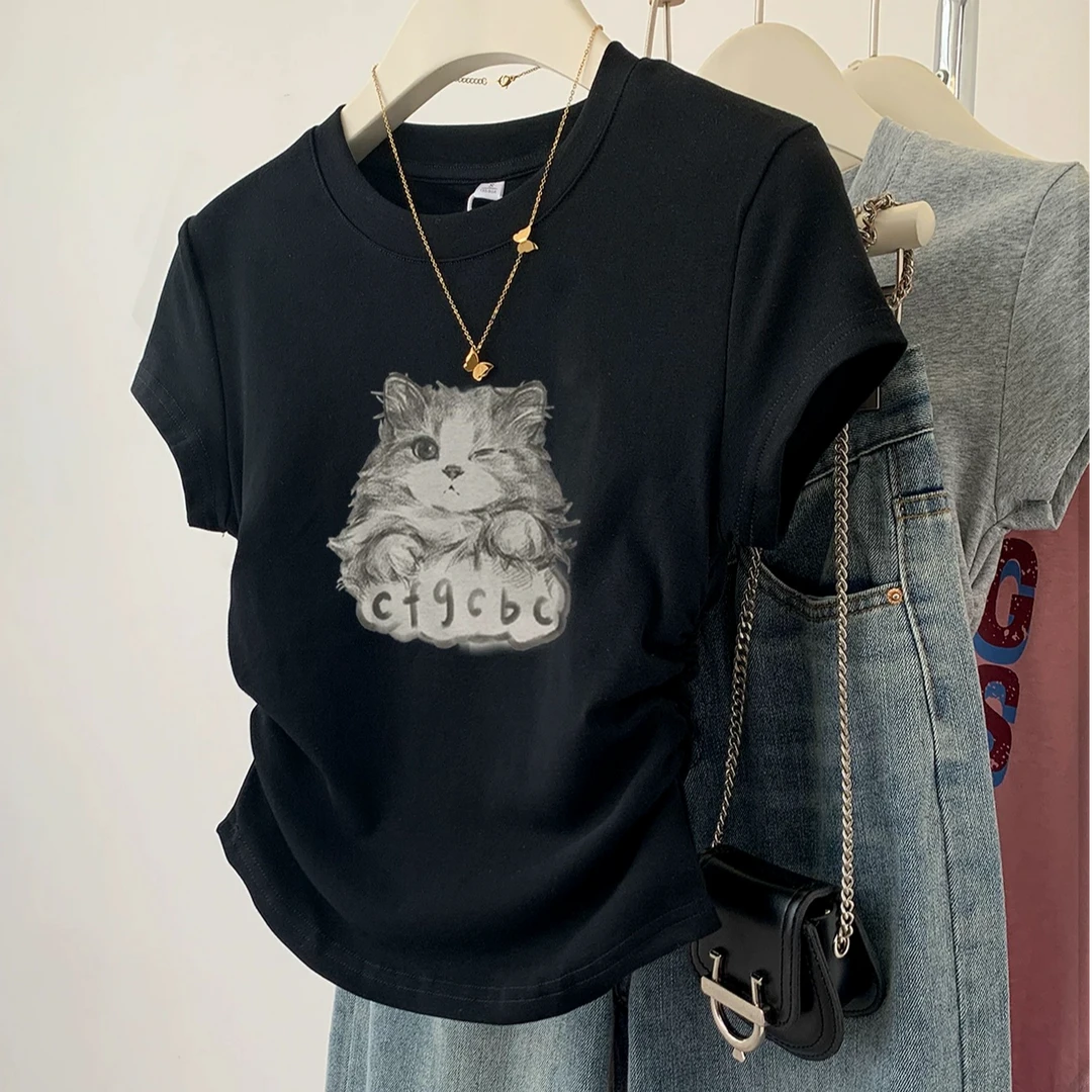 黑色猫咪正肩短袖t恤女大码胖mm夏季2025新款设计感小众短袖上衣