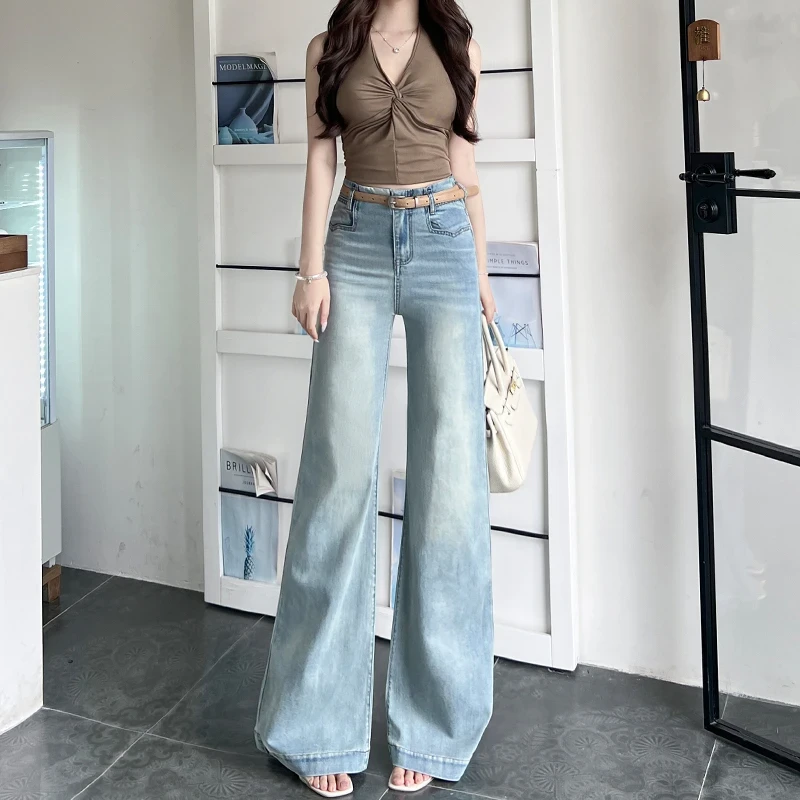 莱赛尔弹力天丝不贴腿微喇叭夏日浅蓝牛仔裤女新款高腰小个子百搭