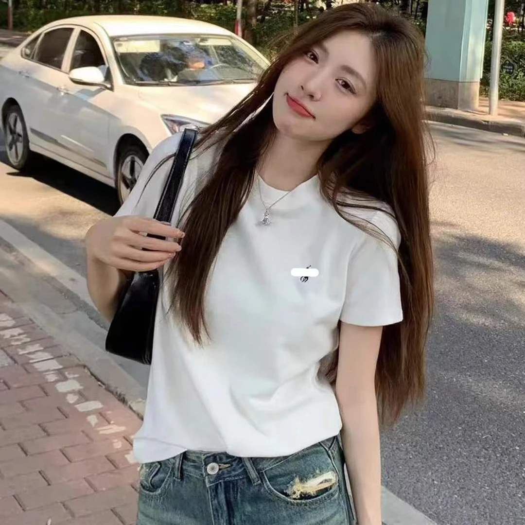 夏季新款时尚简约百搭纯色圆领刺绣正肩显瘦内搭女短袖T恤