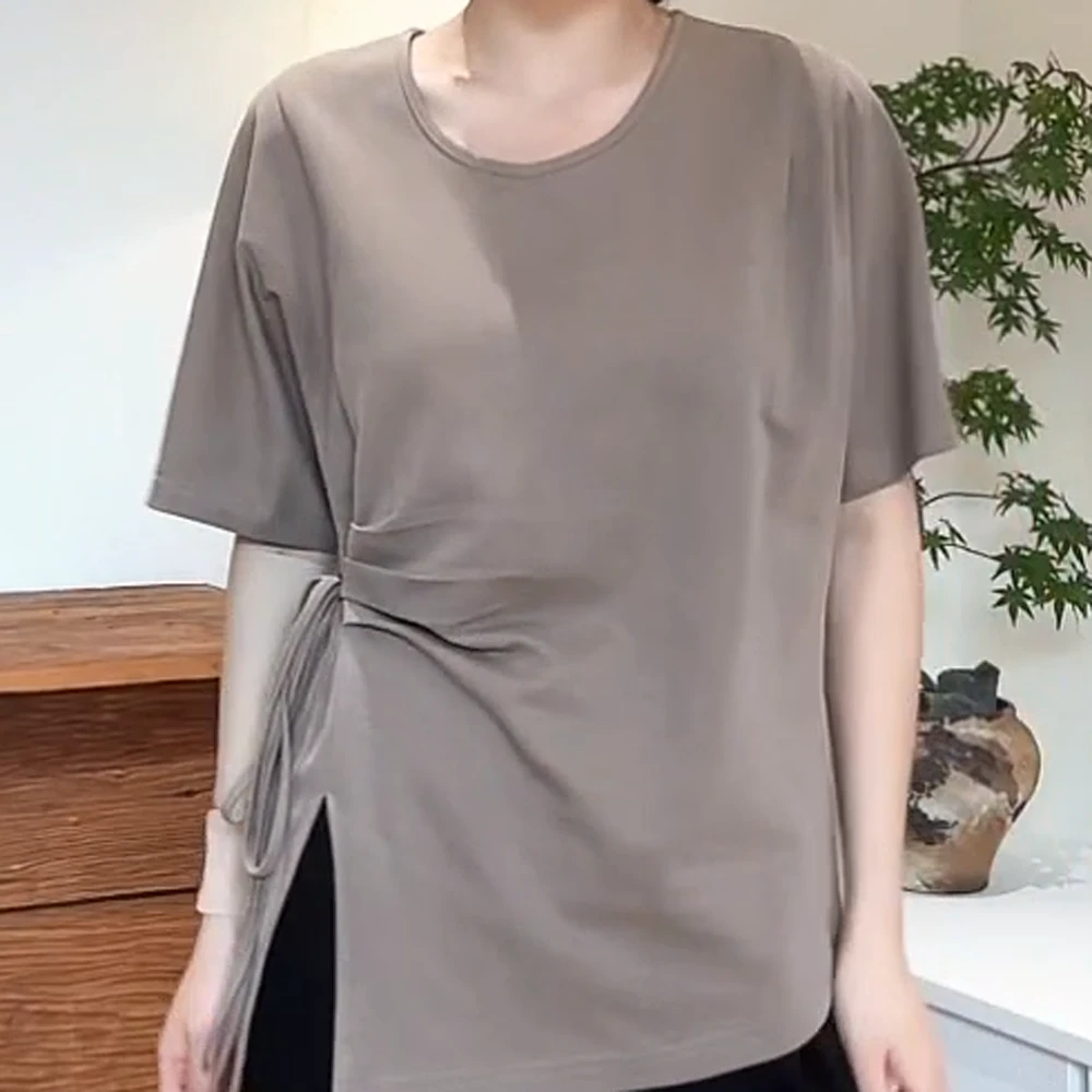 “折角腰”超显瘦遮肉系带收腰大领口基础纯色T恤C5174