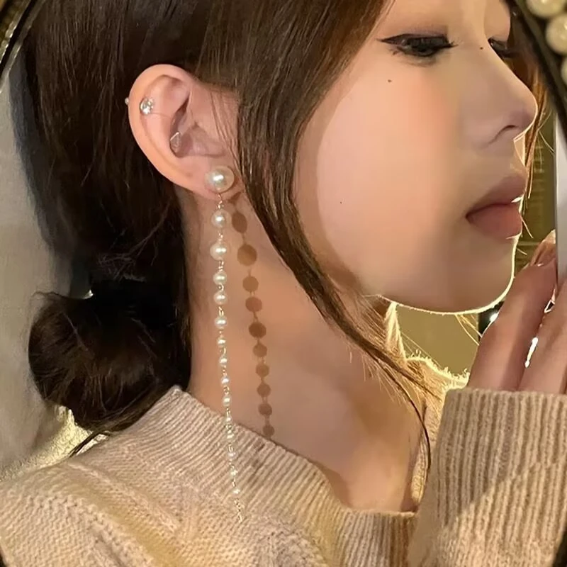 铜合金仿珍珠耳饰 气质美女超仙长款珍珠耳环气质高级显脸瘦耳饰