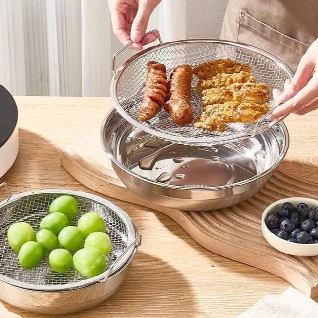 不锈钢加厚油炸控油漏网厨房双耳过滤网空气炸锅适用