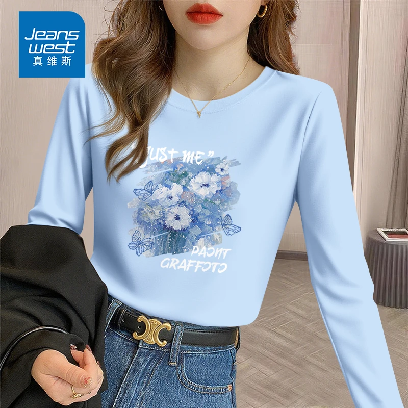 真维斯宽松t恤女生小个子甜美可爱风格衣服2025时尚圆领纯棉长袖