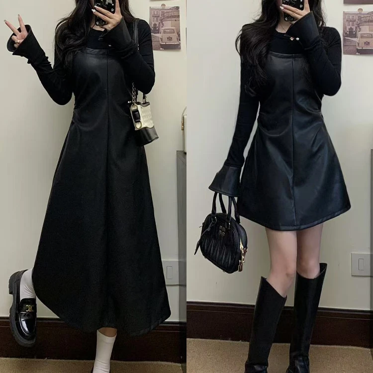 大码女装法式假两件辣妹连衣裙秋季气质小黑裙胖MM遮肚显瘦皮裙子