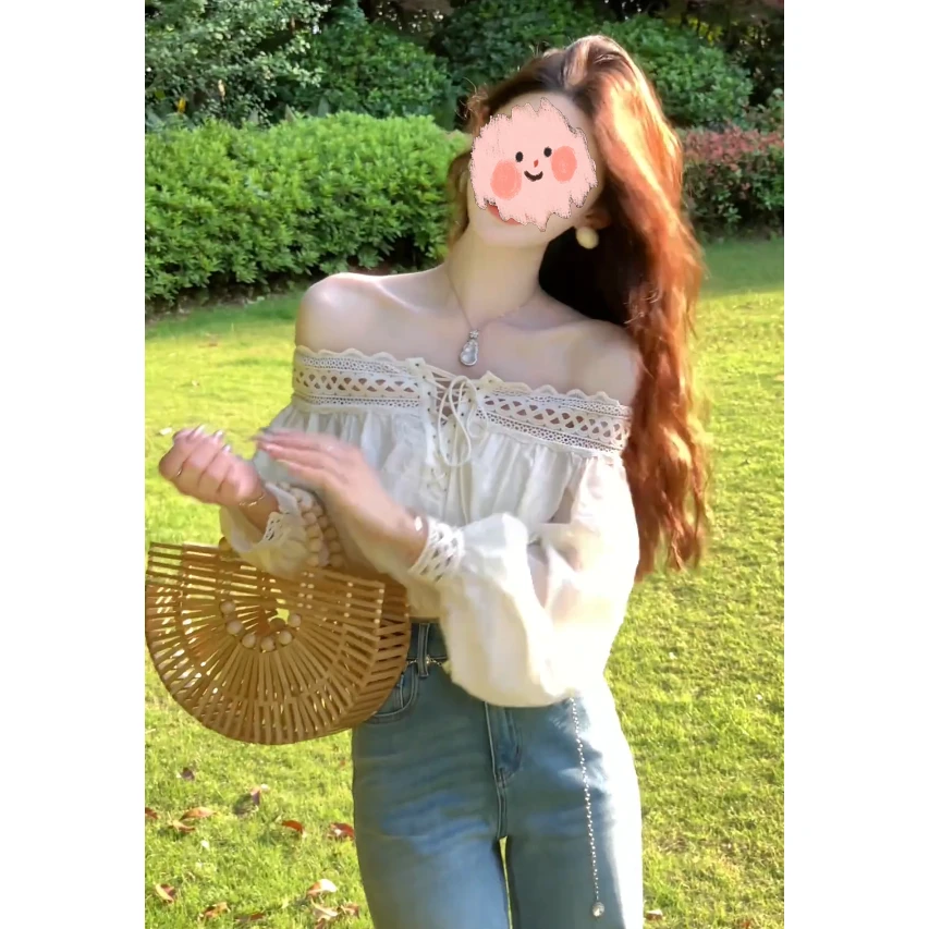 蝴蝶结系带镂空蕾丝一字肩长袖衬衫女夏季宽松短款娃娃衫露肩上衣