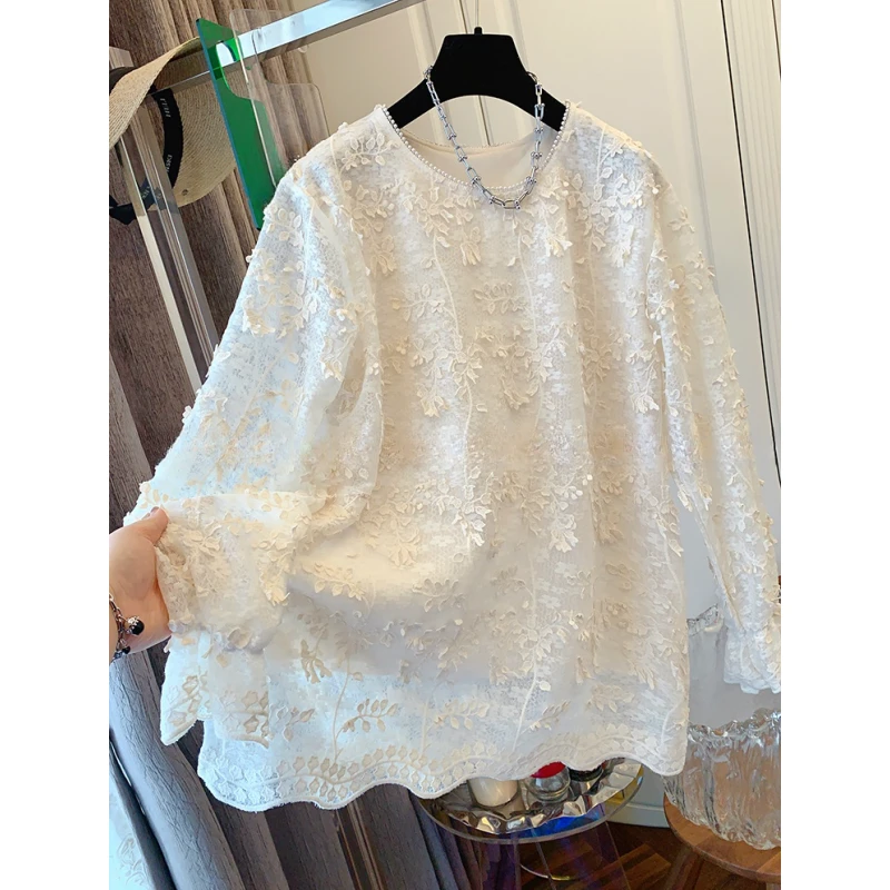 独特超好看2025春季新款法式蕾丝打底衫衬衫长袖T恤宽松上衣女