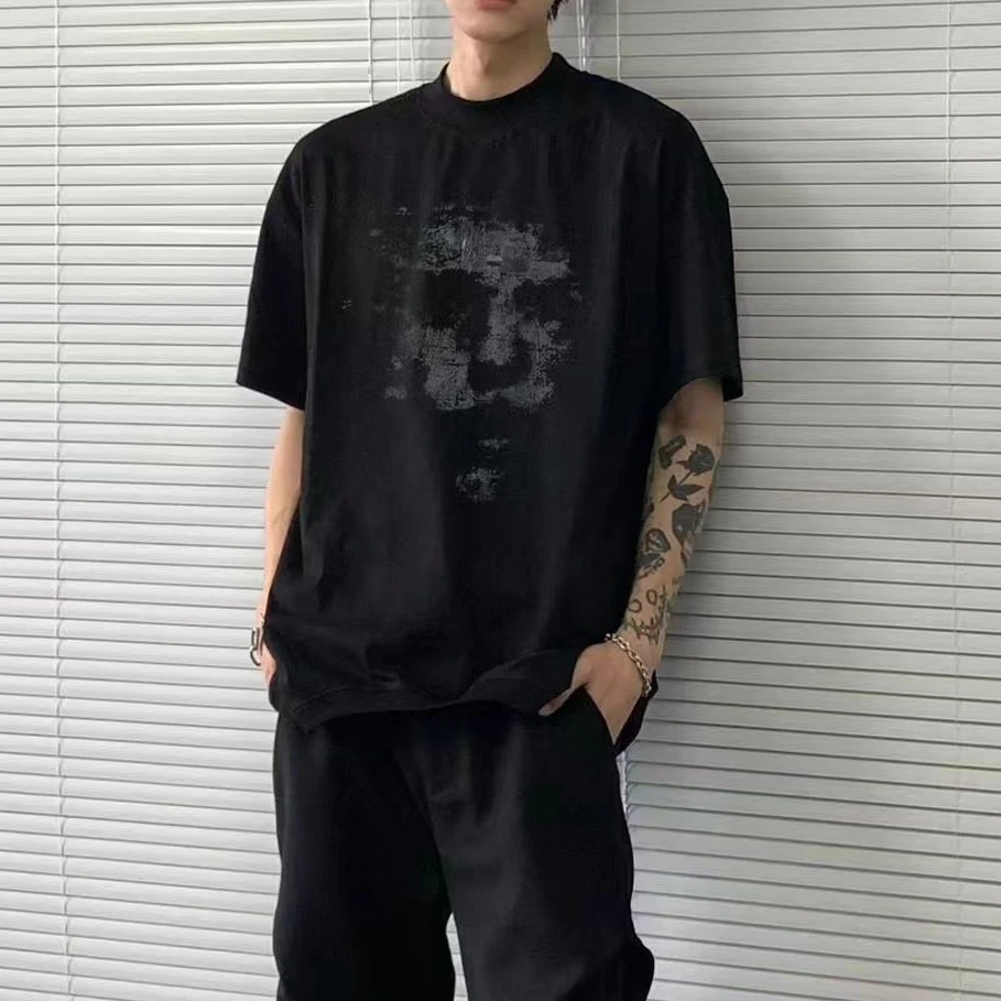 美式复古潮流阴影人脸印花纯棉重磅短袖宽松休闲设计T恤男女同款