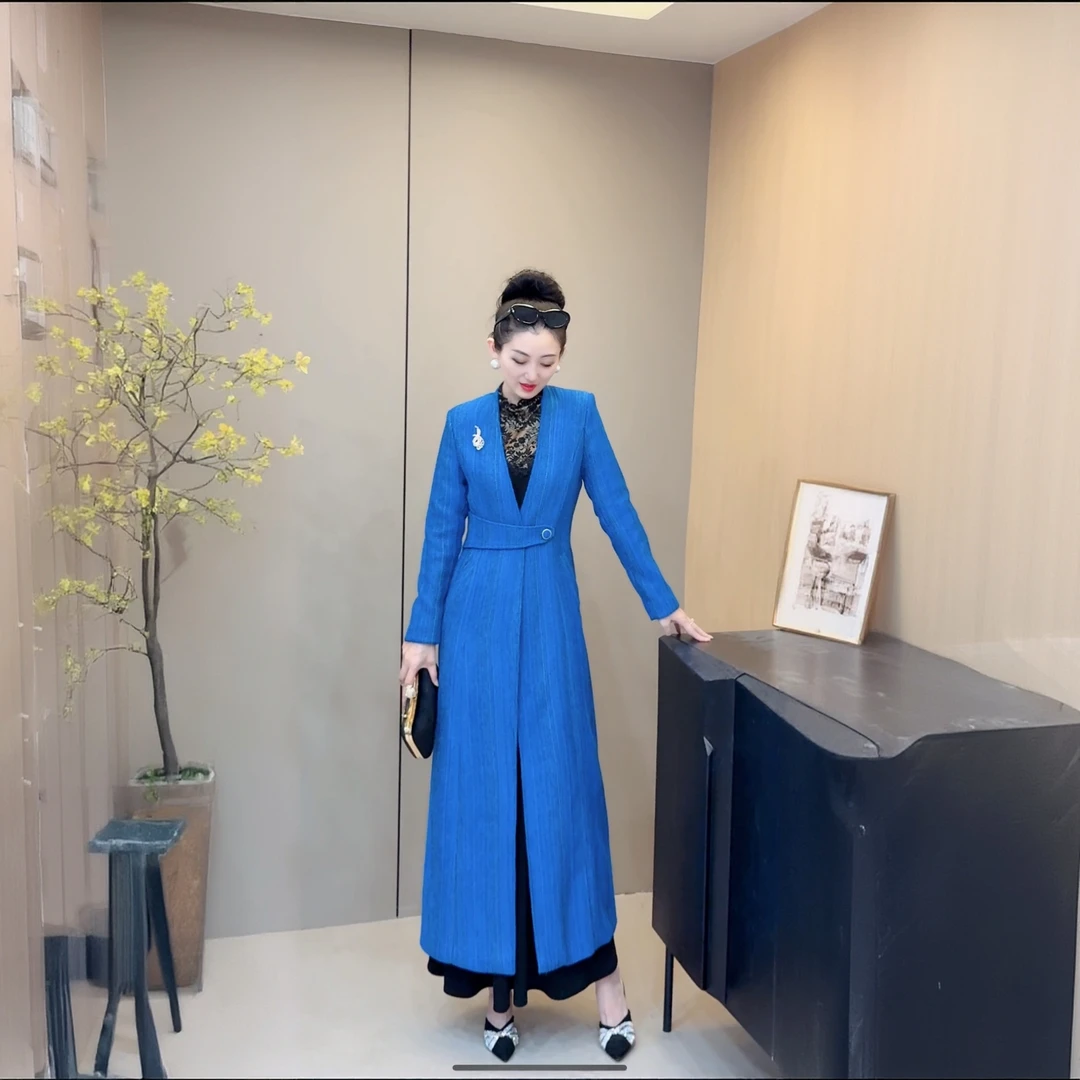 《丹尚爱》秋冬新款蓝色气质外套大衣女中长款过膝修身显瘦外套