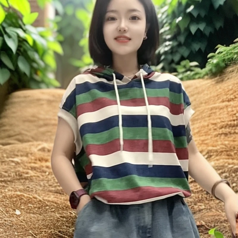新潮百搭包肩休闲粗横条纹连帽时尚显瘦条纹T恤短袖