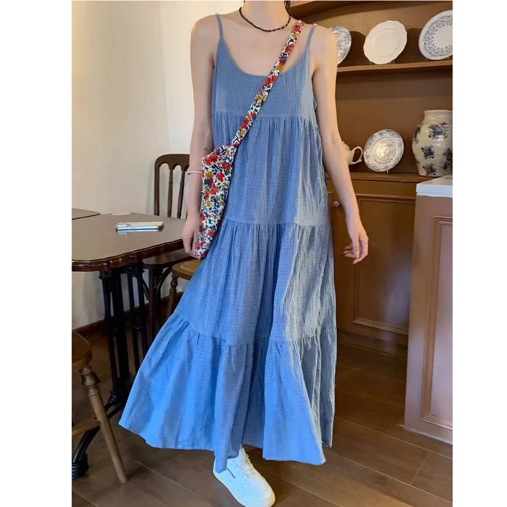 【小李】春夏新款文艺风格子吊带连衣裙