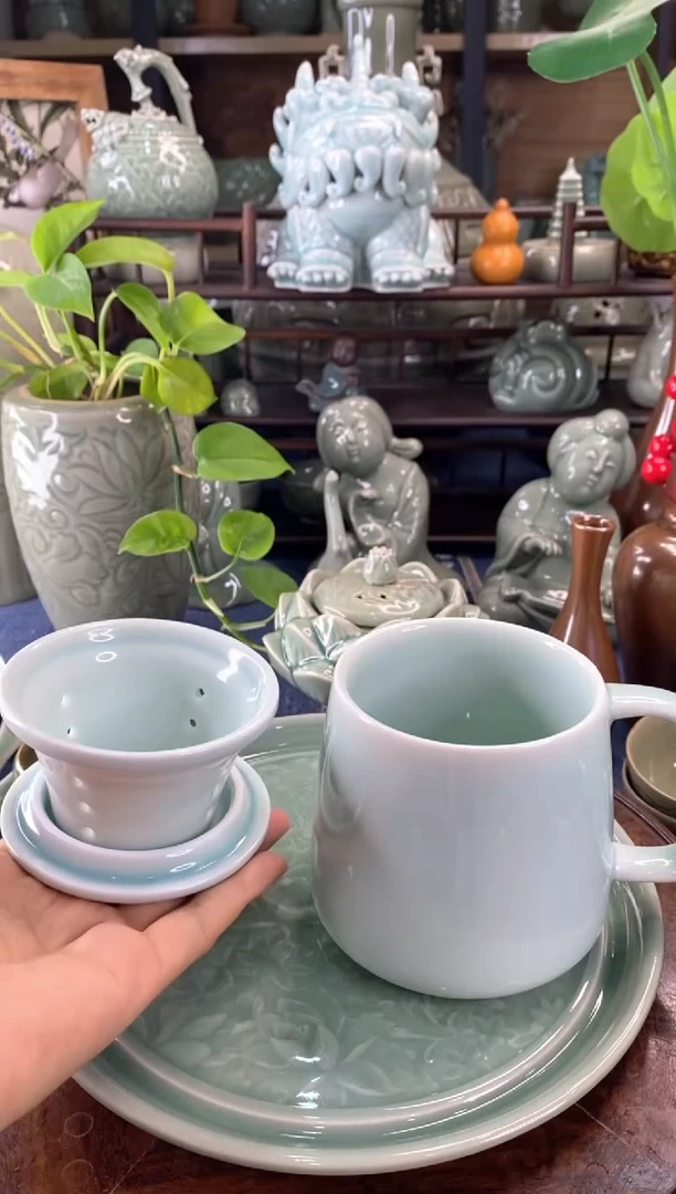 耀州窑 微瑕 天青牡丹素面茶漏杯【b000119】1只
