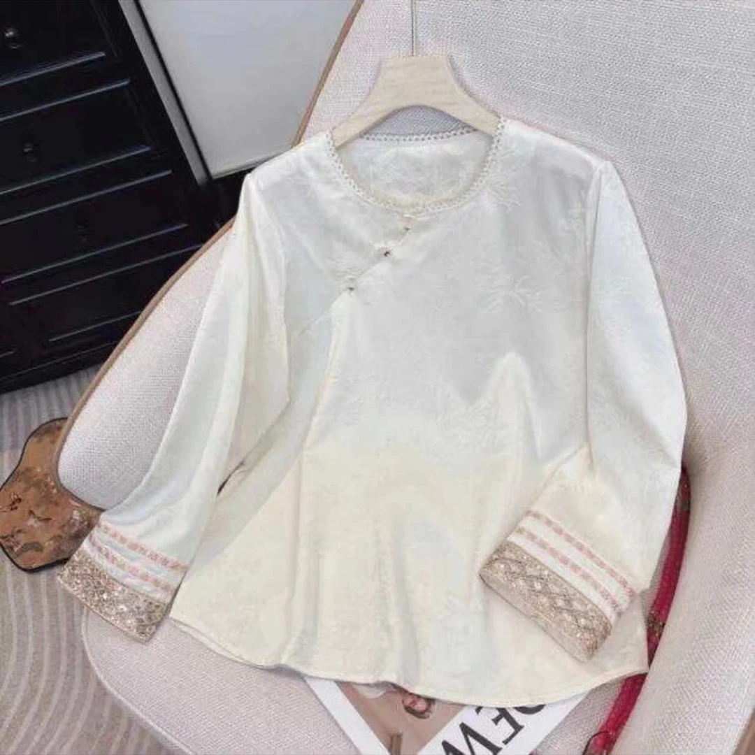 【竹韵】提花秋季上衣百搭打底薄款长袖上衣白色中国风