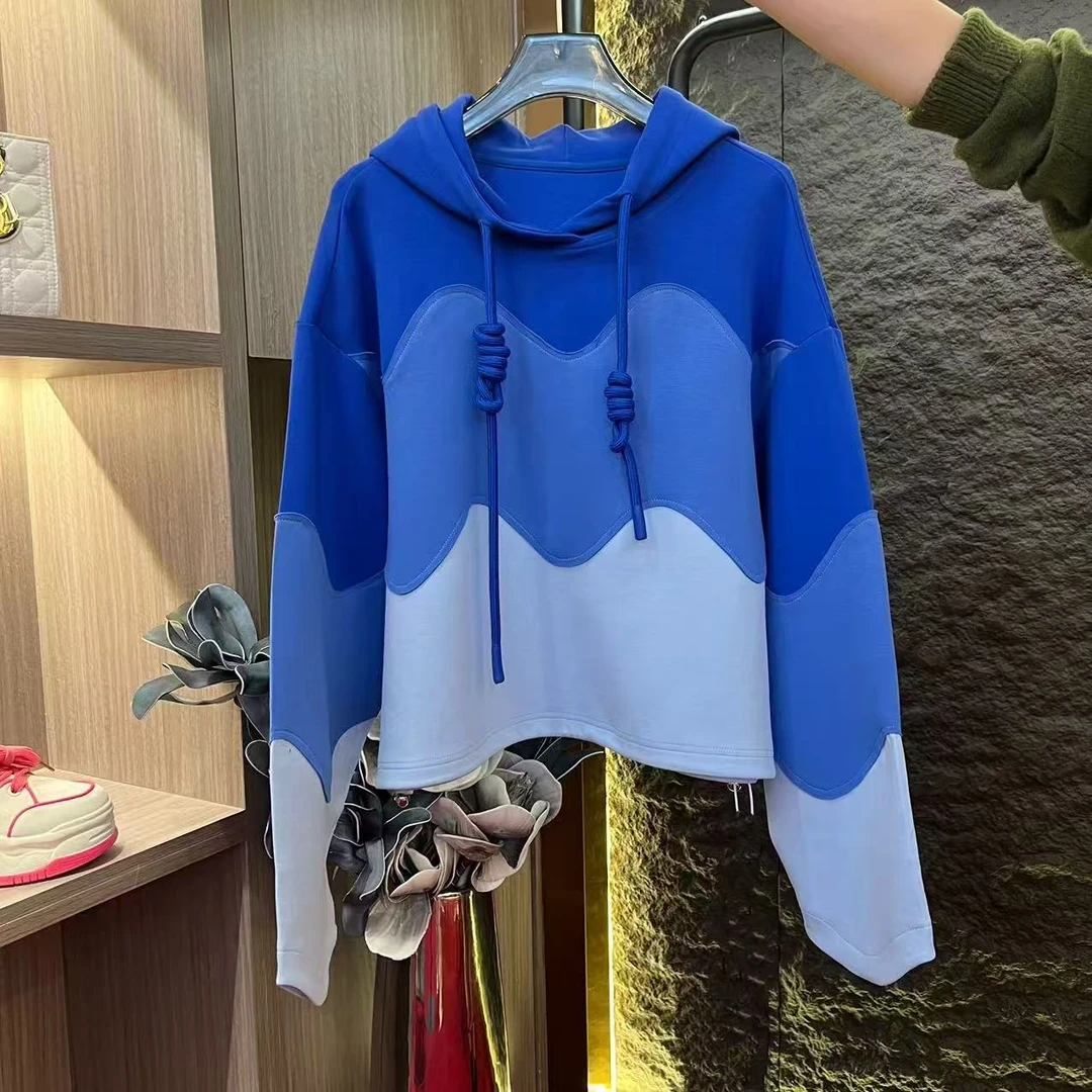 时尚蓝色洋气拼接连帽卫衣女士2025春秋新款宽松休闲百搭长袖上衣