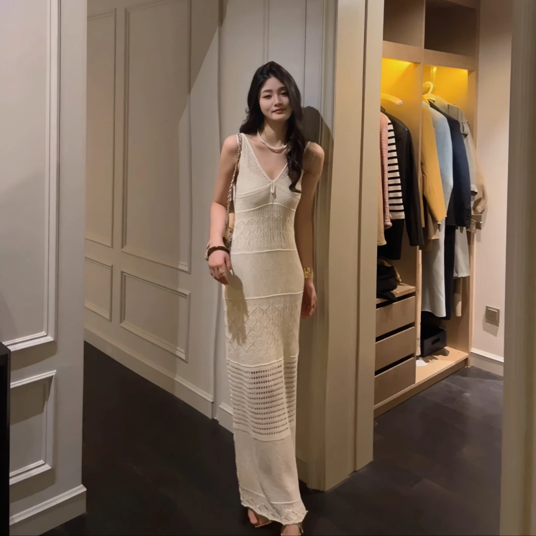 Ah·Jing 梓静【】设计感修身显瘦收腰无袖针织优雅气质连衣裙0041