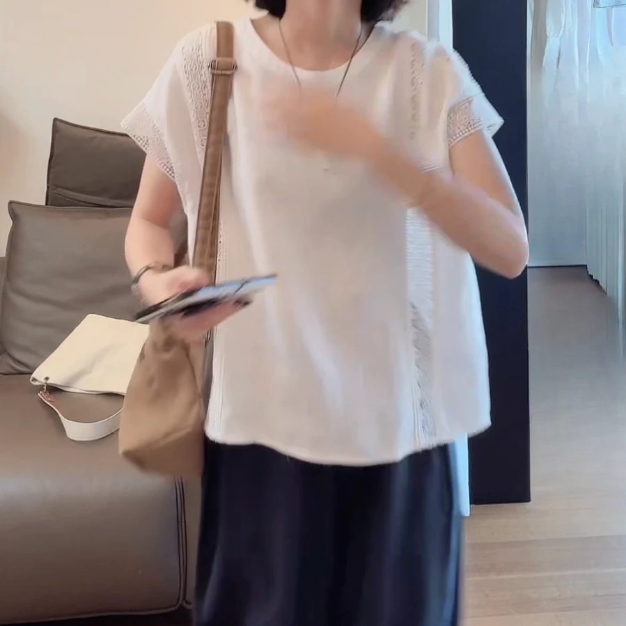 2025圆领镂空飞飞袖衬衫夏季新款纯色百搭休闲女上衣C5445