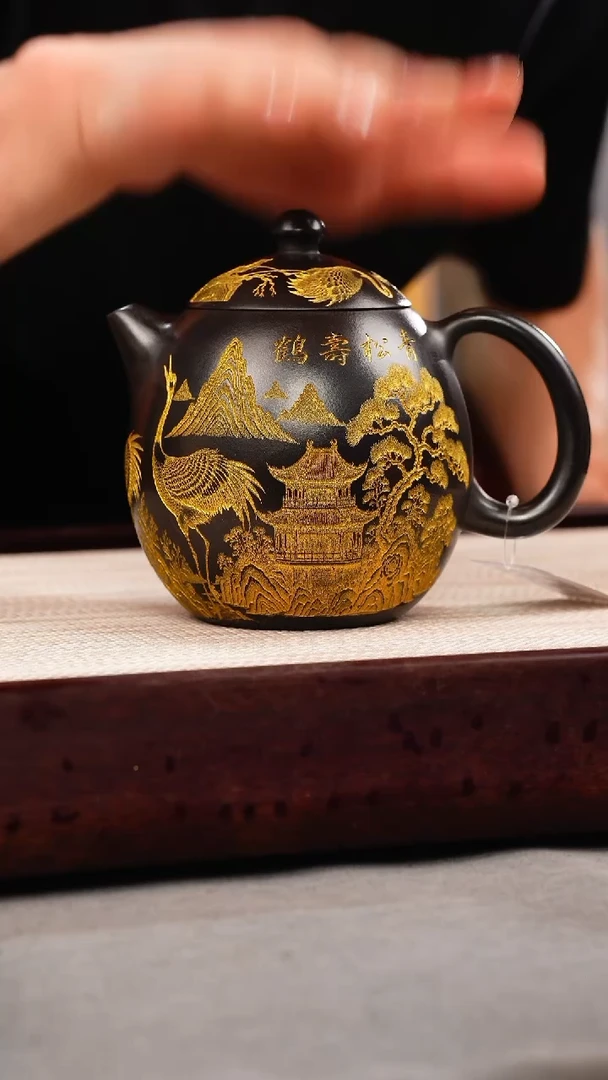 茶壶紫砂石黄 龙蛋 仙鹤 描金