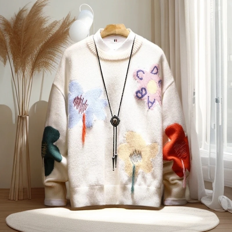 仓石一树春季设计感花朵植绒加厚毛衣男2025秋冬小众慵懒风针织衫