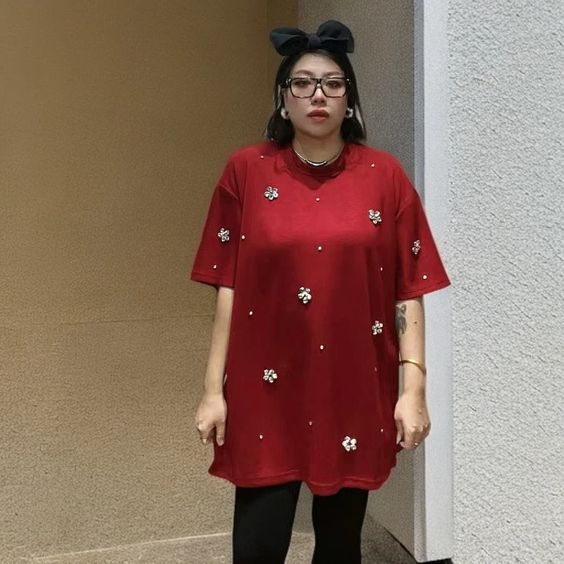 【红人上新】百搭大版时尚圆领中长款满钻重工加厚短袖大T恤