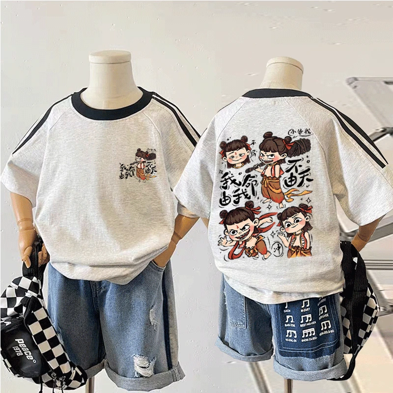 国潮哪吒2025新款夏季男女中小儿童短袖t恤纯棉圆领百搭打底上衣t