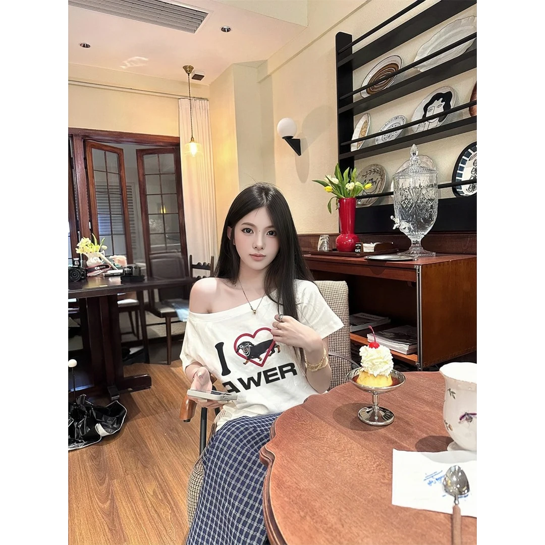 美式复古夏季新款斜肩上衣短袖t恤女性辣妹纯欲ins欧美风上衣服