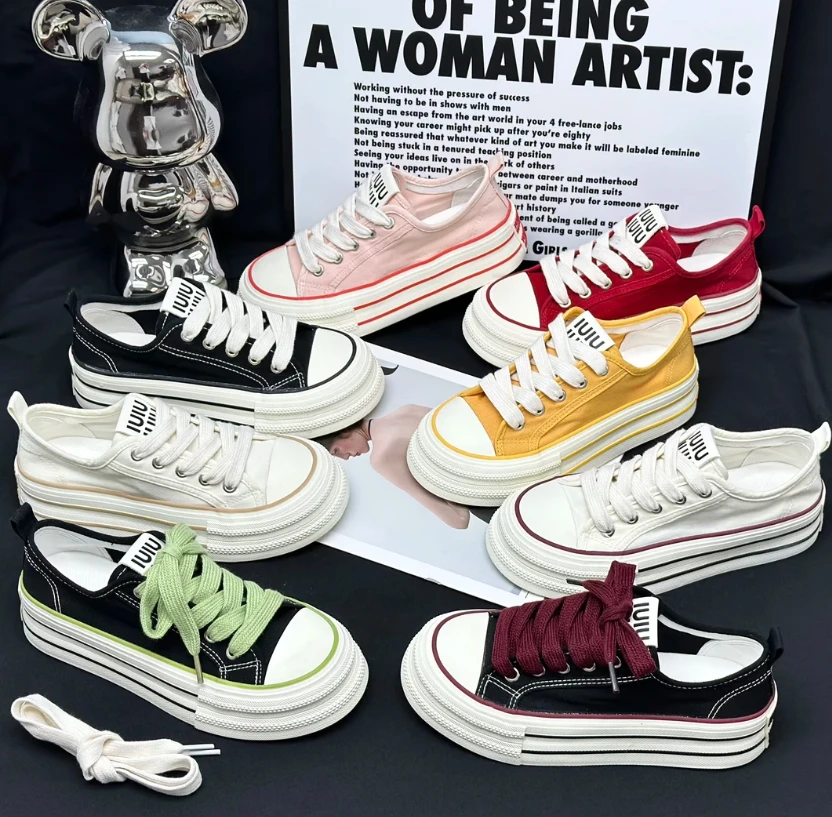 【YO】夏季帆布鞋女透气薄款厚底2025新款松紧鞋带百搭小白鞋中跟