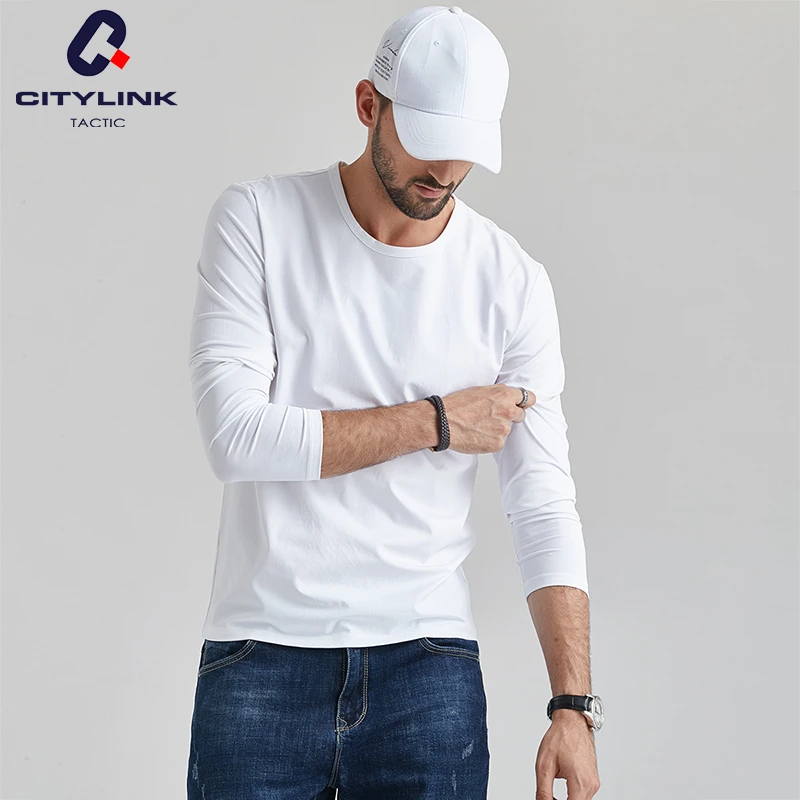 城市林肯 2025春季莫代尔纯色修身简约打底衫圆领白色长袖t恤男士
