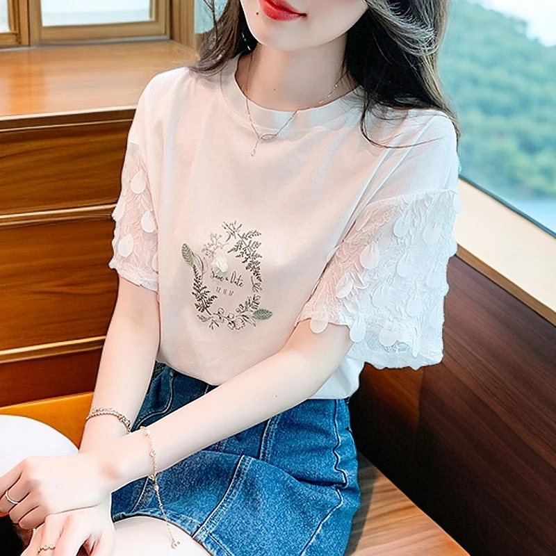 2025新款女装棉一字百搭打底衫洋气T恤重工绣花短款微胖爆款蕾丝