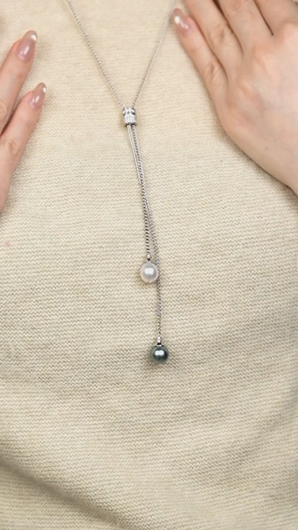 项链银S925镶嵌海水珍珠9-10澳白大溪地双珠毛衣链