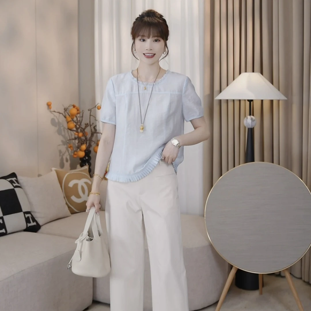 LMENY月色恋恋~莱赛尔天丝减龄木耳边圆领显瘦小衫25BC047